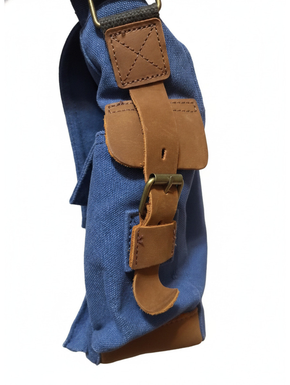 Sechunk Messenger Bag Blue Denim Canvas with Brown Leather Trim Aged Hardware - Picture 4 of 6